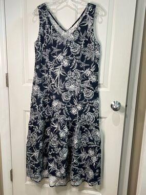 Garnet Hill navy & white starfish shell & tropical flower flax linen dress M